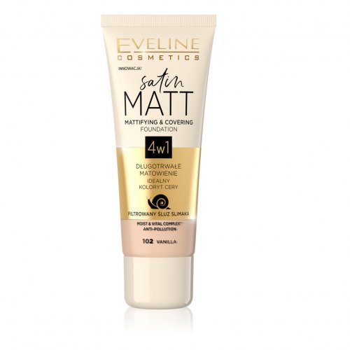 Eveline Cosmetics Satin Matt, fond de ten, cu efect matifiant extract de melc, 102 Vanilla