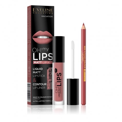 Eveline Cosmetics Set Oh! My Lips Ruj Lichid 4.5g si Creion de contur buze 1g, 05 Red Passion