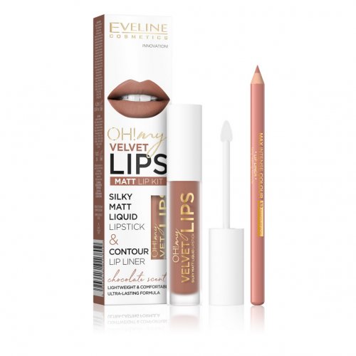 Eveline Cosmetics Set Oh! My Velvet Lips Ruj Lichid  Catifelat 4.5g si Creion de contur buze 1g, Choco Truffle