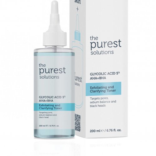 Toner exfoliant pentru minimizarea porilor si echilibrarea excesului de sebum, Acid Glycolic 5%, AHA, BHA,  The Purest Solution, 200ml