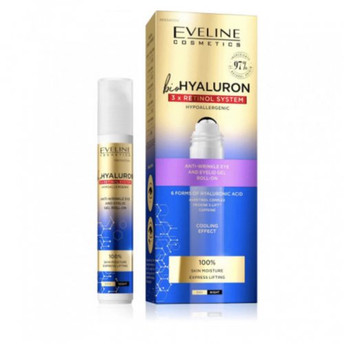 Gel antirid pentru ochi, Roll-on, Hipoalergenic BIO Hyaluron 3xRetinol System Cooling Effect, Eveline Cosmetics, 15ml